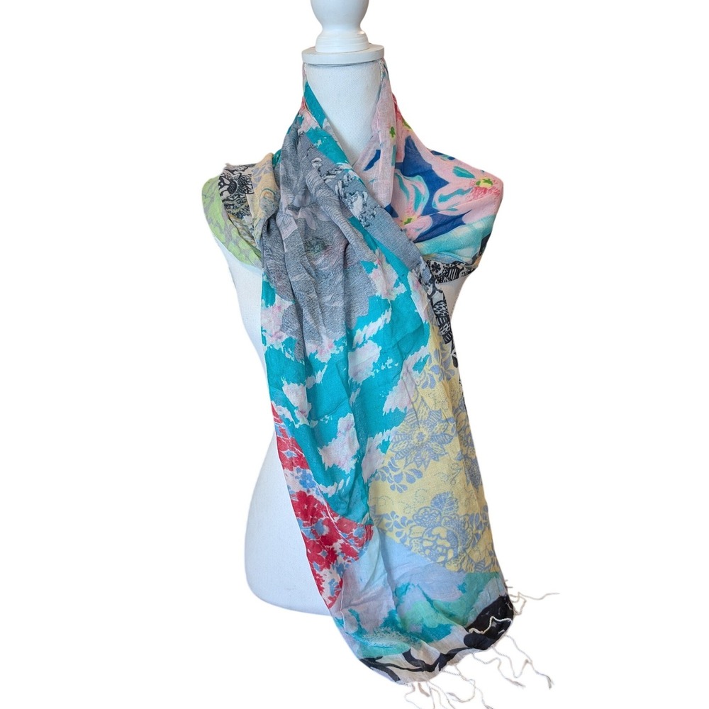 Susannagh Grogan Scarf Womens Multicolor Patchwork Floral 100% Modal Fringe